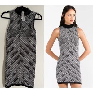 ZARA Women's XS Knit Mini Dress Black White Chevron Mockneck EUC Stretch Bodycon